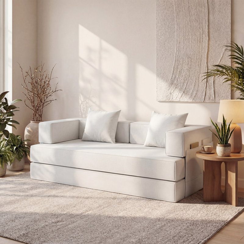 83“ Foldable Sleeper Sofa Bed – Convertible Mattress Couch With 2 Removable Pillows, White