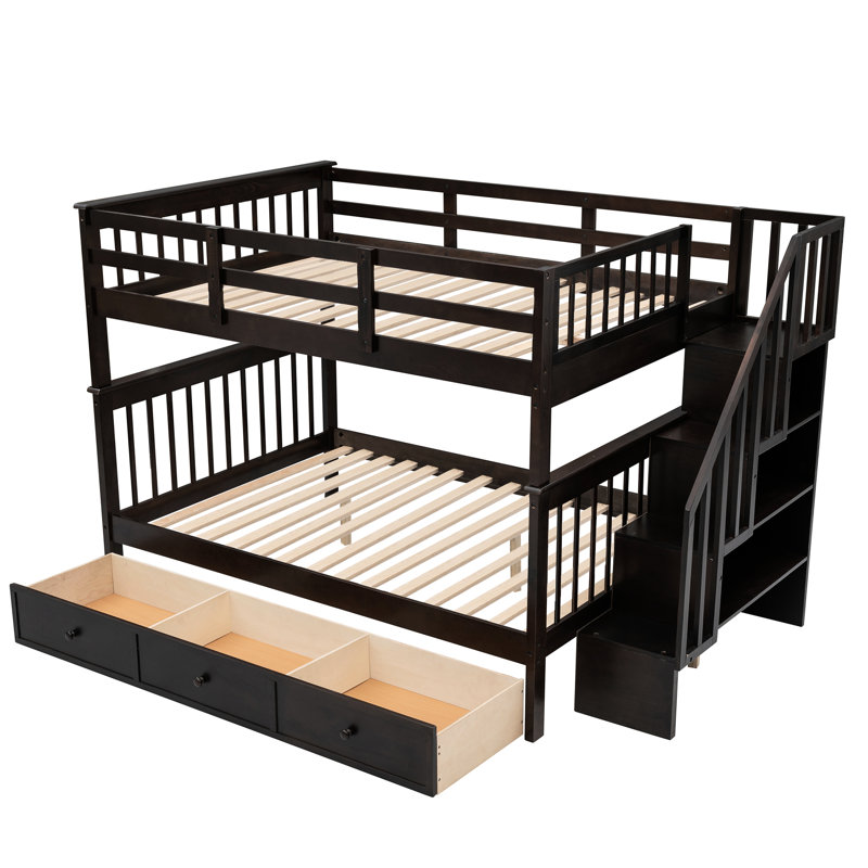 Lit superposé d'escalier avec tiroir, barrière de sécurité, compartiments de rangement, structure stable, accès sûr aux escaliers, lit idéal pour la chambre à coucher, fonction, structure, divisible en deux lits, accès