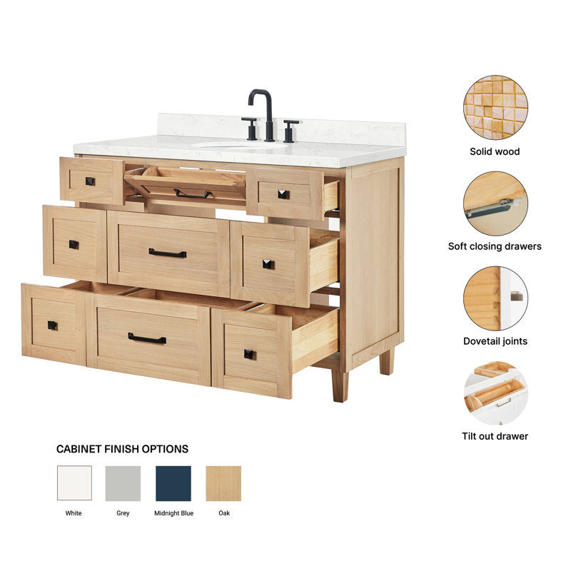ARIEL Monroe 54 Single Sink Bathroom Vanity with Carrara Quartz Top, Oak, 48" - 49", Carrara White Quartz