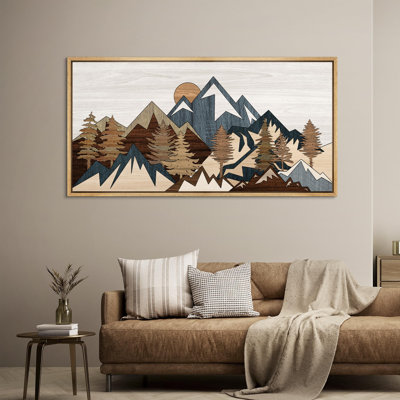 Western Wood Effect Landscape " Geometric Mountain Landscape Wooden Inlay Retro Hanging Painting Extra Large Artwork Pictures "