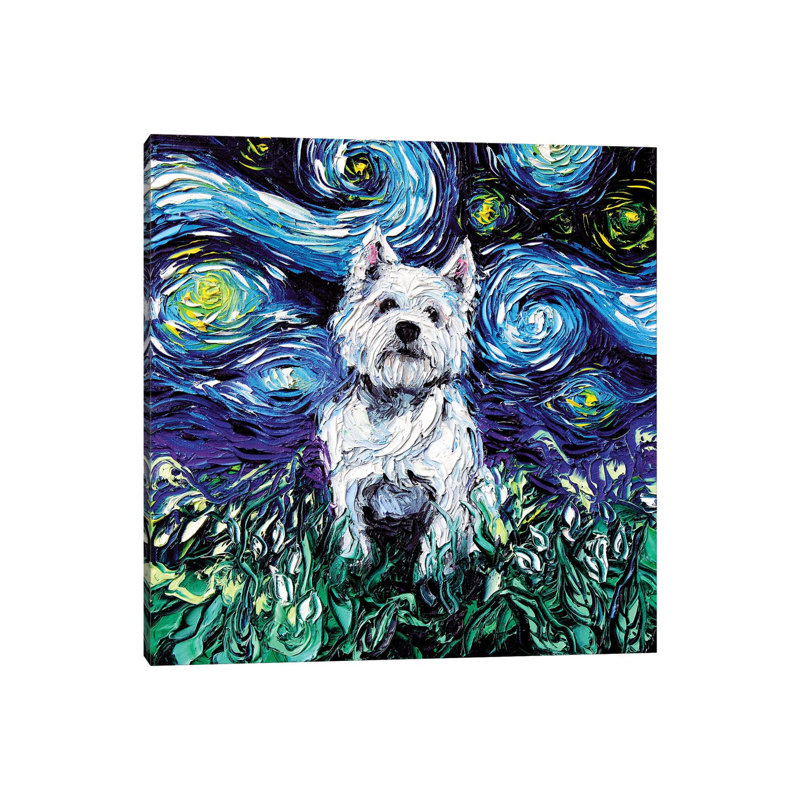 Reproduction d’art, "Westie Night" par aja Trèves, Pas de tapis, Toile tendue, H 12 po x l 12 po x P 0,75 po