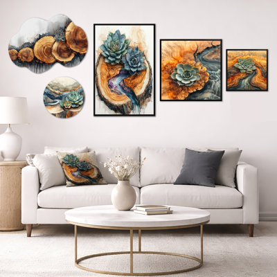 «Succulent on Top of Wooden Slide River II - Large Green Botanical Wall Decor», ensemble de 5 panneaux d'art mural et impression sur toile (100 po x 40 po)