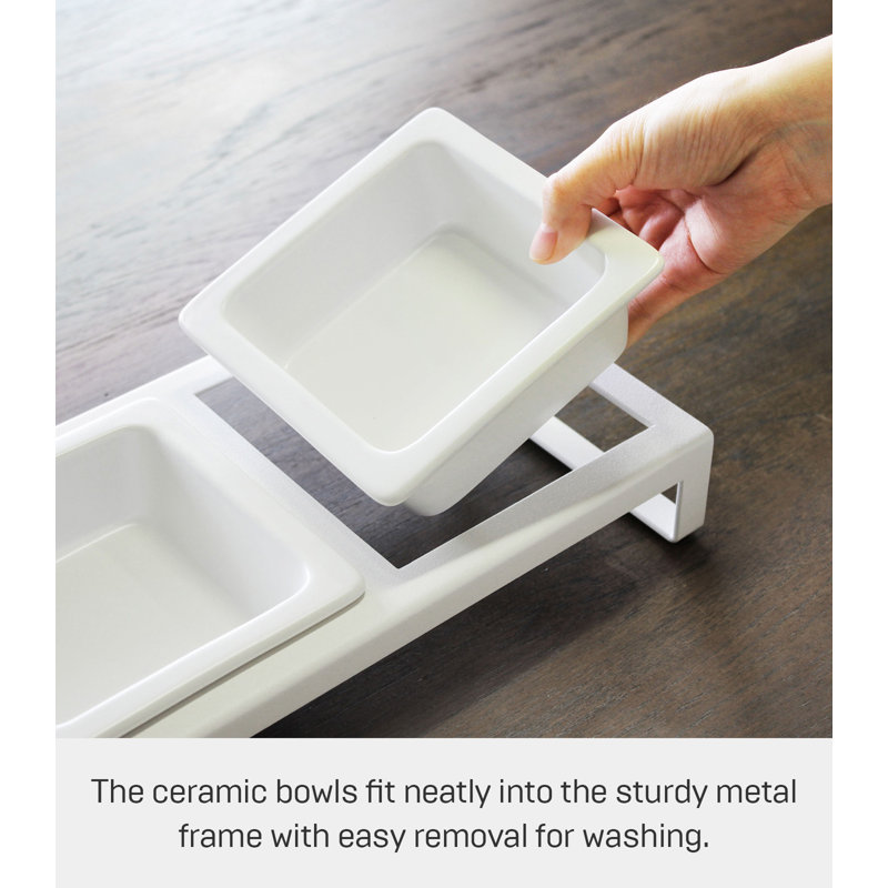 White Elevated Steel and Ceramic Pet Food Stand with Two Bowls
