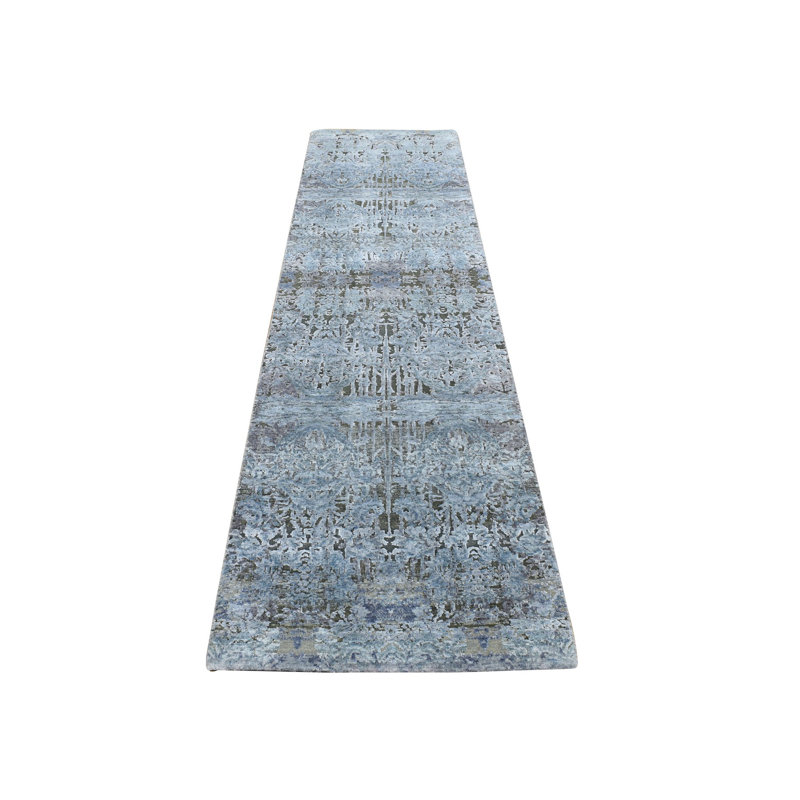 2'6"x10' Gray Silk with Wool Hand Knotted Erased Design Runner Rug 095DCCDB1F8F48F1BE99DDCAD0F23C1A
