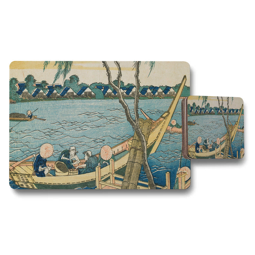Ukiyoe River Scene Placemat And Coaster Set Vintage Japanese Print