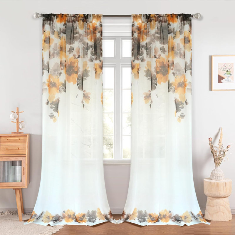 Paire de rideaux transparents Rennee Ployester, L 52 po x L 84 po, Brun/blanc/gris