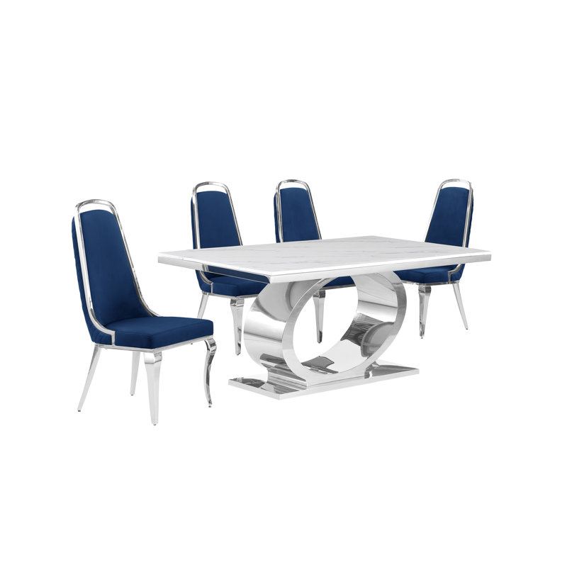 Khiri Marble Top Pedestal Dining Set, Navy/Silver, 5, Silver