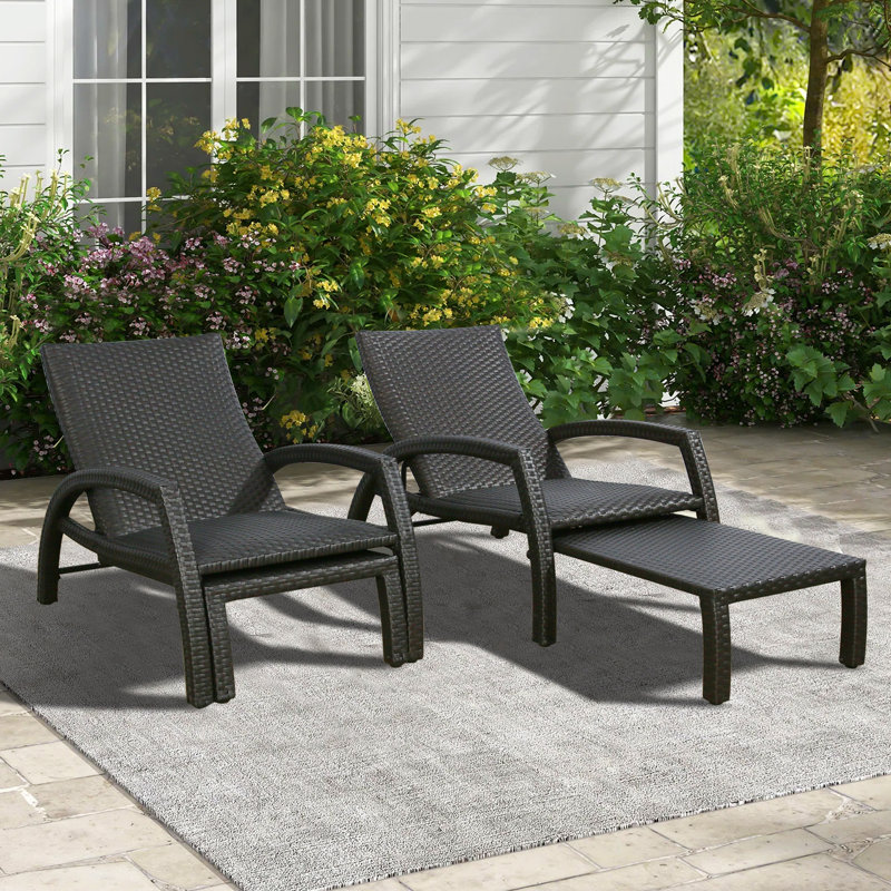Haverhille Outdoor Wicker Chaise Lounge Set with Retractable Ottoman
