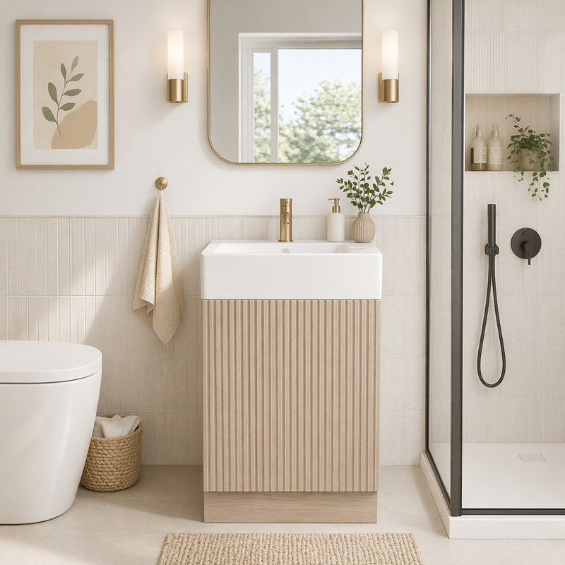 Meuble-lavabo 18,6 po avec lavabo et rangement latéral, Naturel