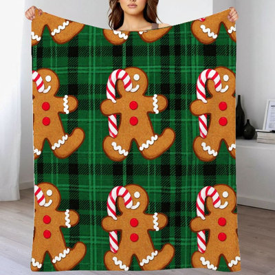 1pièce de Noël en pain d'épice / flanelle de canne en bonbon, décoration de vacances confortable, traditions joyeuses festives, motif écossais chaleureux pour canapé / lit / voyage, 60 * 80