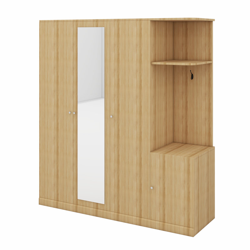 Armoire 4 portes avec tablettes, tiroirs et miroir pleine grandeur, Naturel