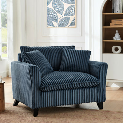 Fauteuil en velours côtelé bleu avec structure en bois, coussin moelleux, facile à monter dans les coins du salon, pieds en plastique, dossier confortable, montage simple pour la chambre