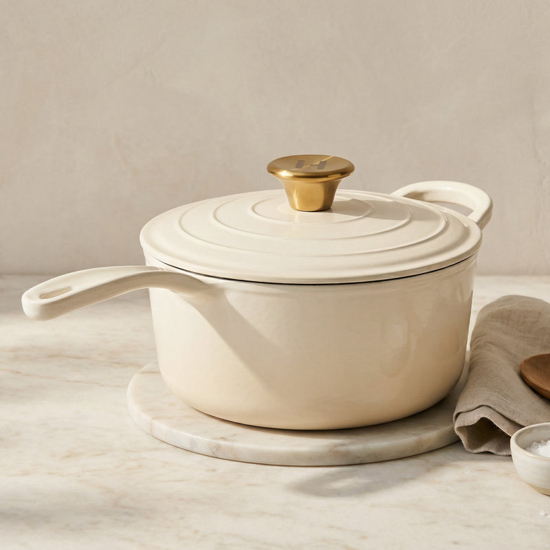Alpha Enamel Collection 8 Inch Cast Iron Saucepan, Stratus White, White
