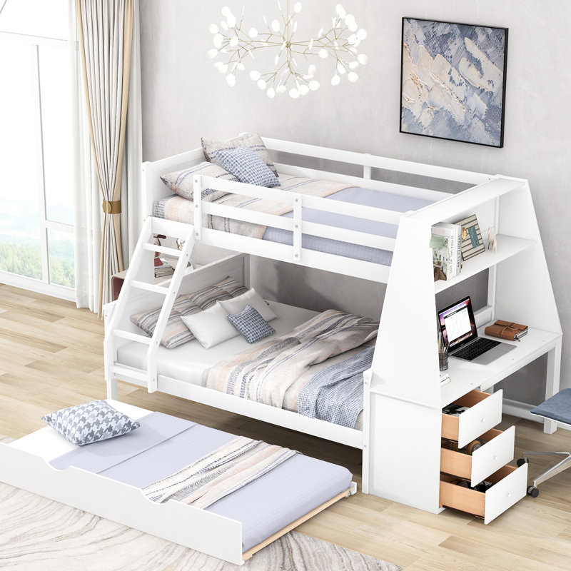 Lit simple superposé au-dessus d'un lit double avec lit gigogne, bureau intégré, blanc - Offre une chambre fonctionnelle pour un sommeil relaxant
