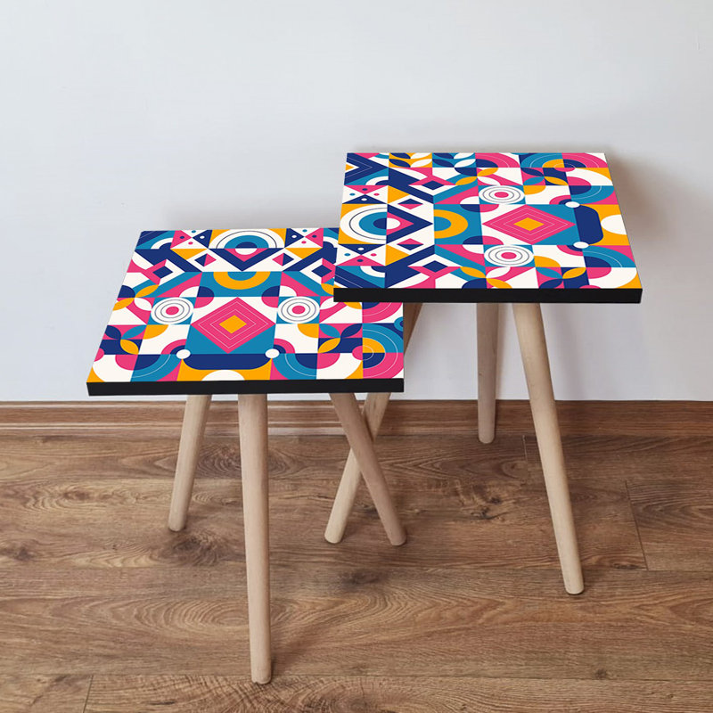 Modern Nesting Table Set (2 Pieces), Geometric Design, Beech Wood Legs, 13.8 x 18.5 x 13.8 in & 13.8 x 16.5 x 13.8 in | 100% MDF, Thickness: 0.7 in | Stylish and Functional for Living Room & Office Decor