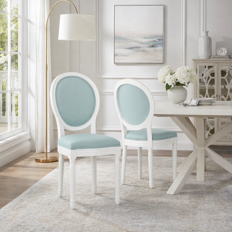 Ensemble de 2 chaises de salle à manger style campagne française avec finition patinée, Tissu bleu clair