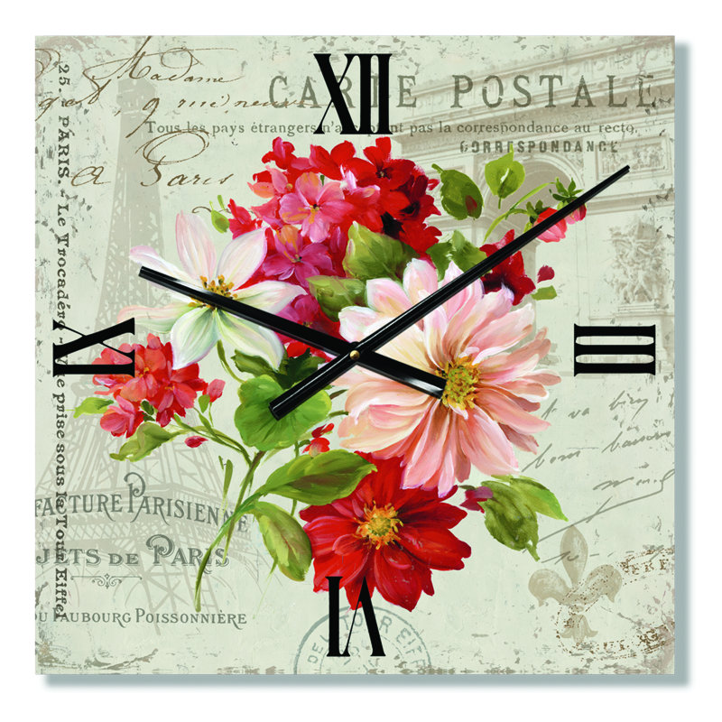Horloge murale rouge - Fleurs peintes rouges sur une carte postale II, Grand