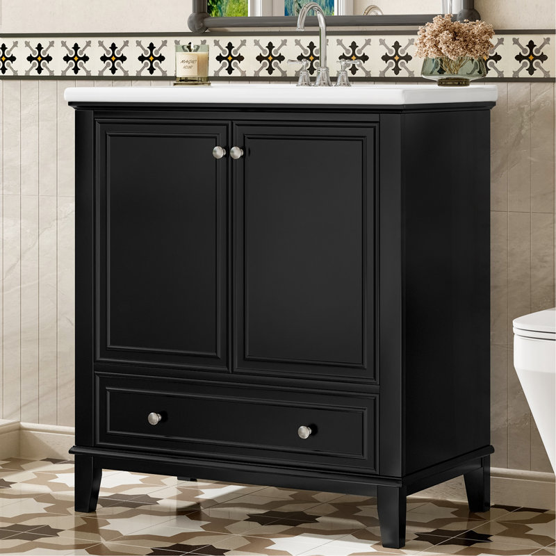 Meuble-lavabo 30 po avec lavabo, armoire multifonctionnelle avec portes et tiroir, cadre solide et panneau de fibres à densité moyenne, noir