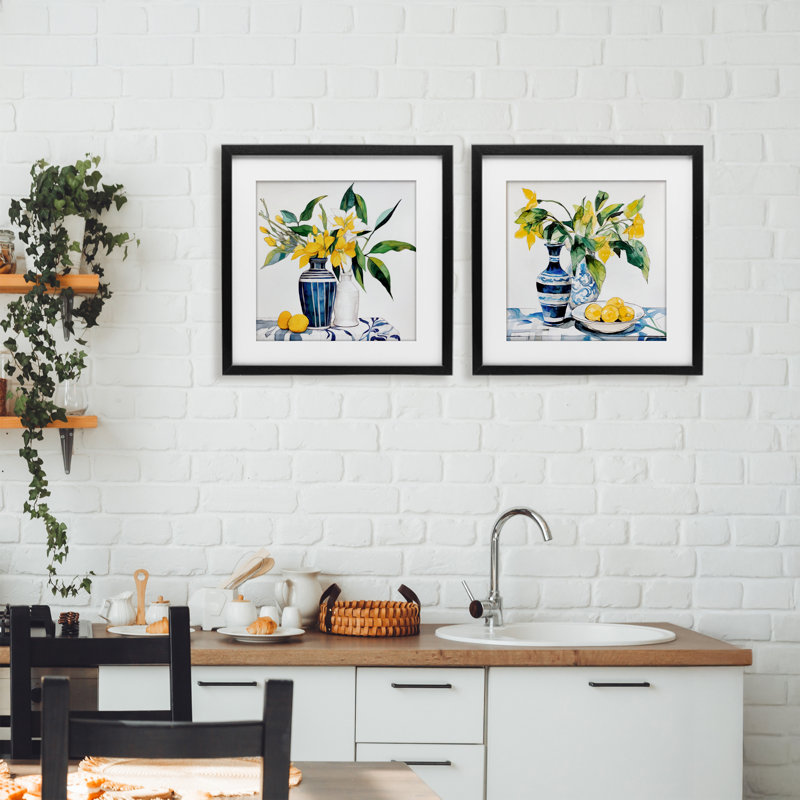 Ensemble de 2 impressions encadrées sous verre Lemon Blooms, par Ray Powers, H 16 po x l 16 po, Cadre noir minuit