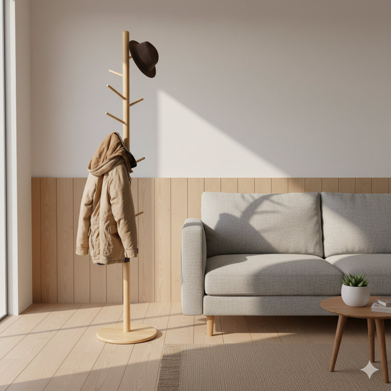Portemanteau autoportant réglable en bois massif à 8 crochets pour chambre à coucher, placard, entrée Teyler, Beige