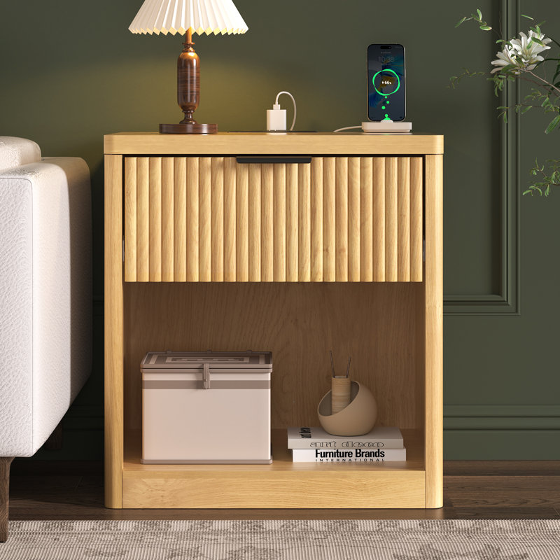 21.7'' W 1-Drawer Nightstand with Open Cubby, Fluted Nightstand with Built-In Outlets, Individual