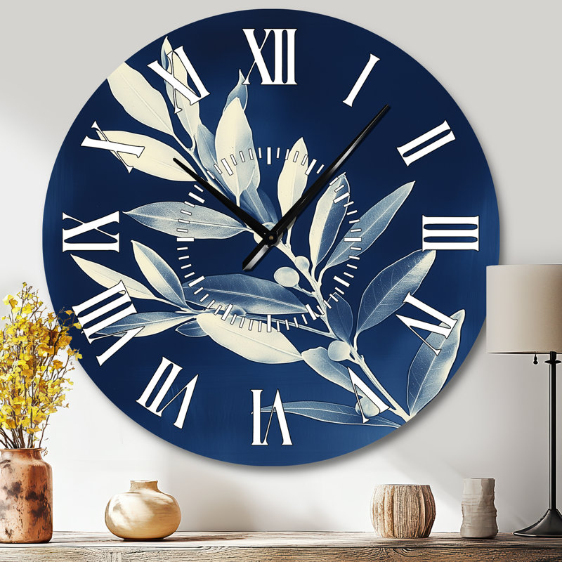 Horloge murale botanique en métal, motif branche d'olivier bleu de Prusse - Grande horloge murale botanique, Grand