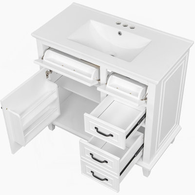 Meuble-lavabo de salle de bain avec comptoir en céramique, structure en bois massif, tiroirs rabattables, tablette réglable et poignées en alliage de zinc pour un rangement autoportant