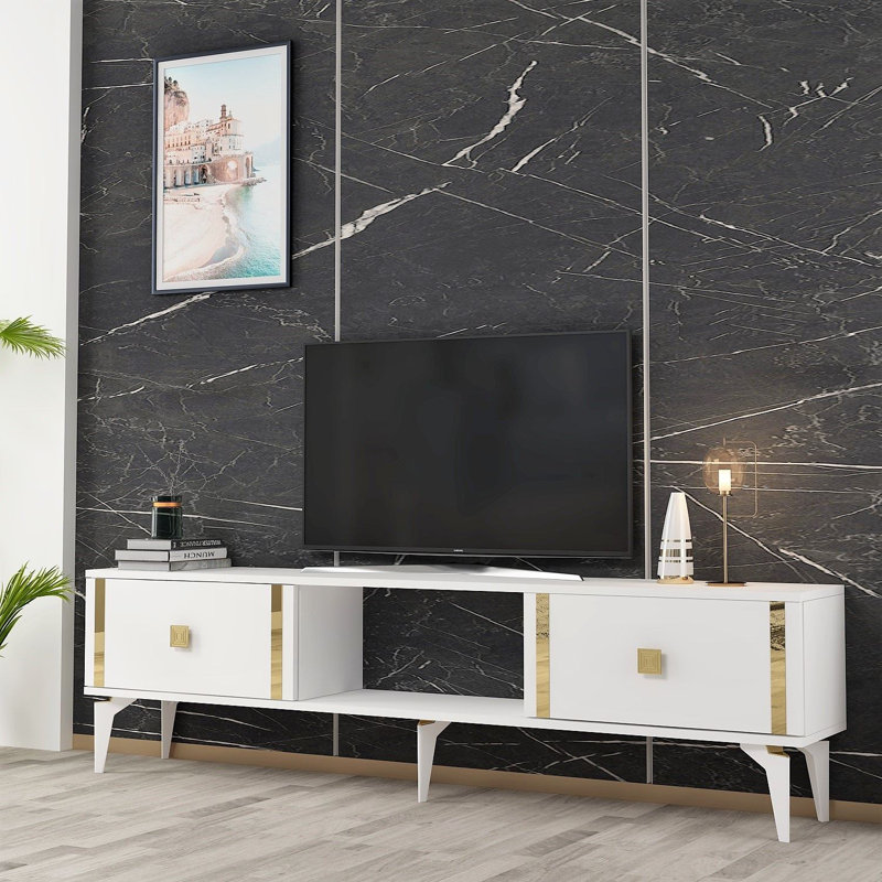 Catena Modern TV Stand, White & Gold, 59.1 x 17.6 x 11.6 inches | 100% Melamine Coated Particle Board, Multiple Shelves, Wall-Mountable Design, Elegant Glam Style for Living Room & Entertainment Areas