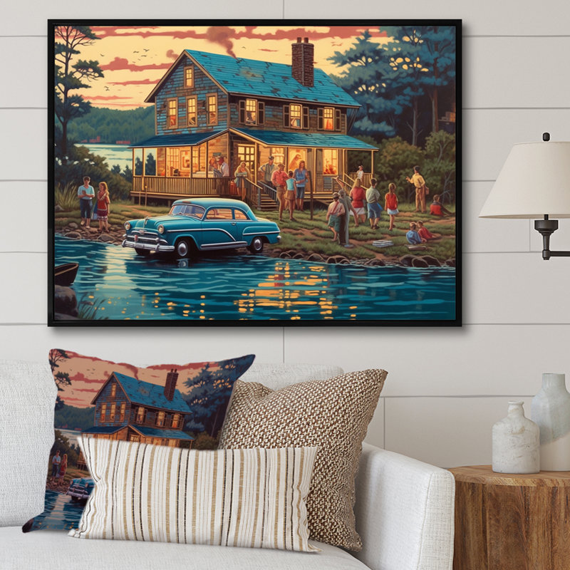 Ger été séché, Vaccation au chalet V sur toile, H 16 po x l 32 po x P 1 po, Cadre flottant noir