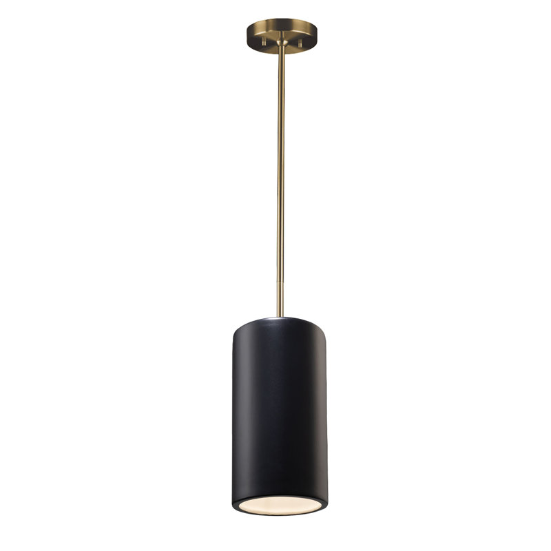 Luminaire suspendu cylindrique à tige rigide DEL, H 13 po x l 7 po x P 7 po, Noir mat carbone, Laiton antique