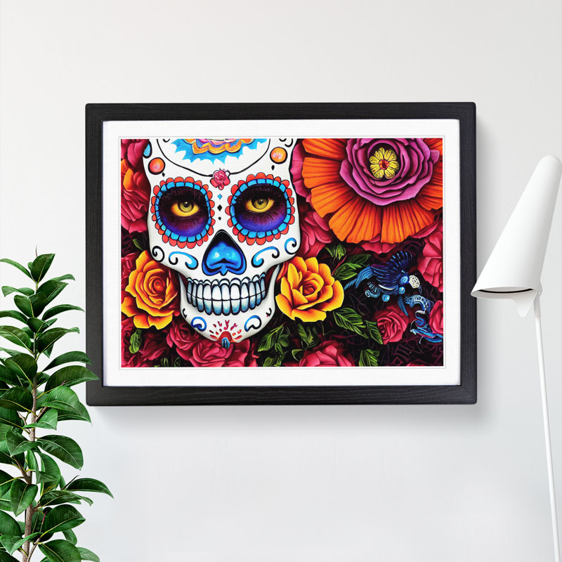 Shining Floral Sugar Skull - Single Picture Frame Print, 34cm H x 46cm W x 2cm D, Black