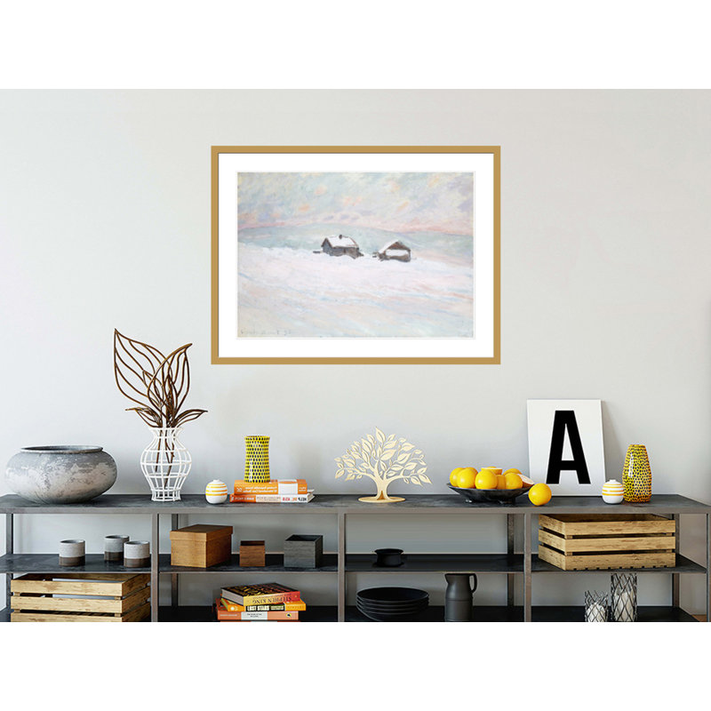 Les maisons dans la neige en Norvège par Claude Monet, impression giclée sur cadre, H 31,28 po x l 41,5 po