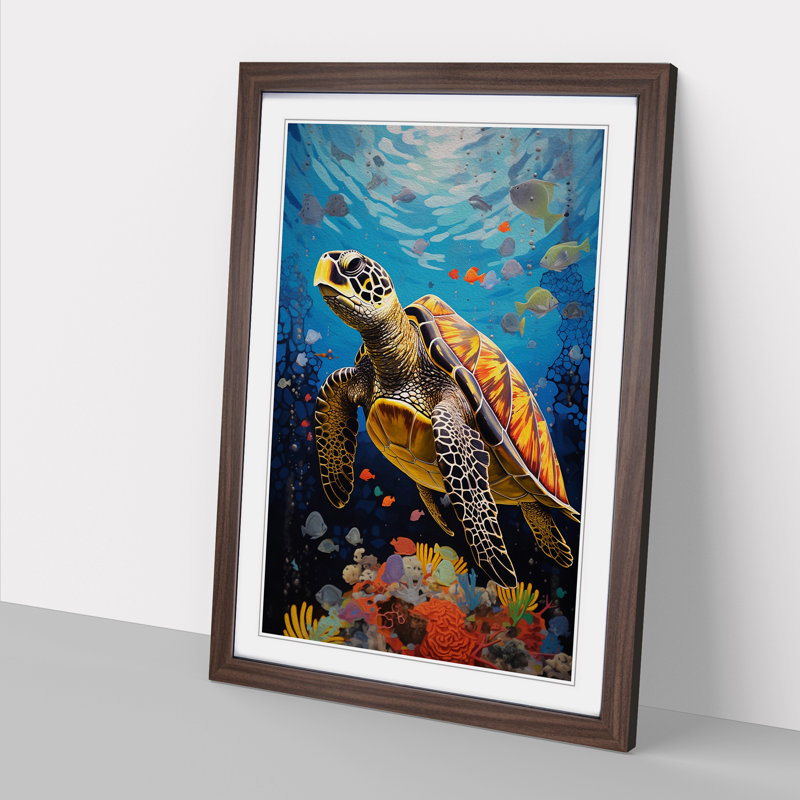 Sea Turtle Constructivism - Single Picture Frame Print on Wood, Walnut , 64cm H x 46cm W x 2cm D