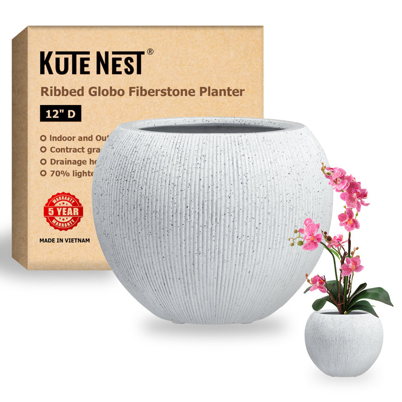 Kute Nest Indoor/Outdoor Small Ribbed Globo Fiberstone Planter - - Opening 7.8", 9.7" H x 12" W x 12" D