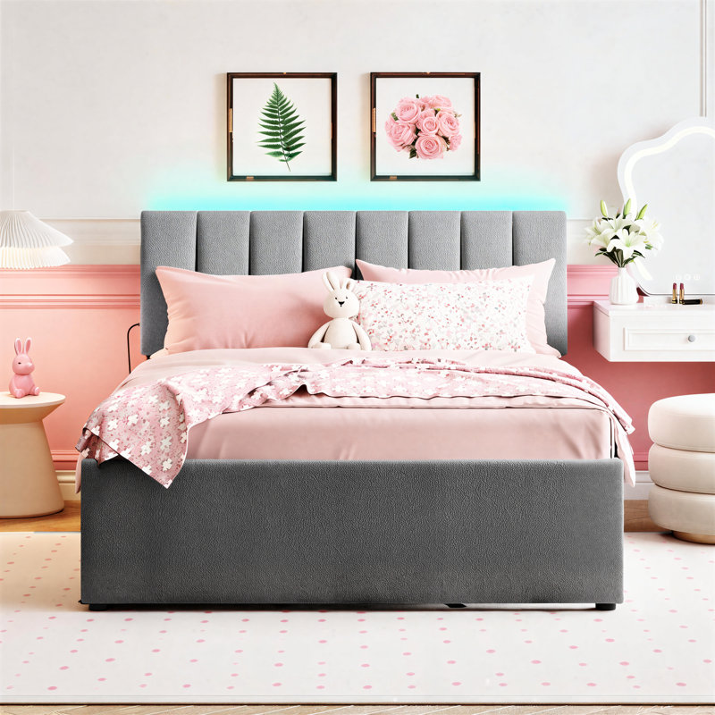 Gray teddy bear plush platform bed, full size, with built-in pull-out single extendable bed design.