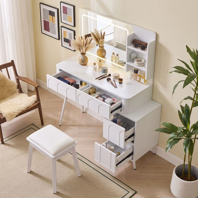 Bureau de maquillage avec miroir, lumières DEL, 4 tiroirs et tabouret