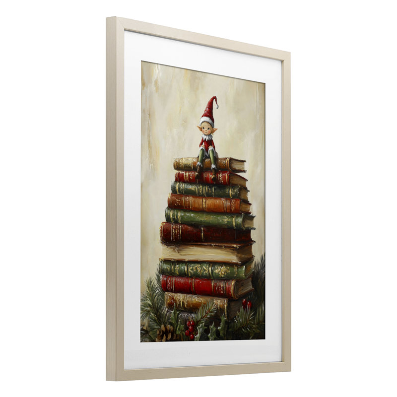 «Christmas Elf Bookstack», reproduction sous verre encadrée, design par Petal Prints Design, H 23 po x l 17 po