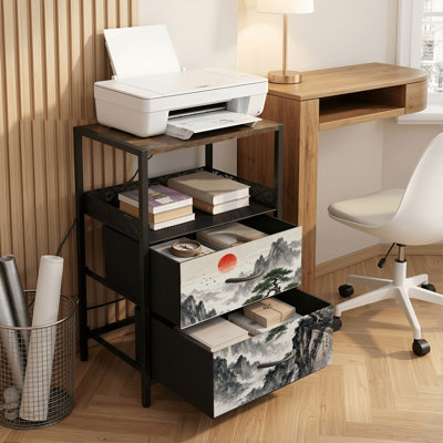 Table de chevet 2 tiroirs avec station de charge, table de chevet pour chambre avec ports USB et amp; Outlets, tablette ouverte noire, table de chevet avec paysage chinois traditionnel, pin, soleil rouge, montagnes brumeuses
