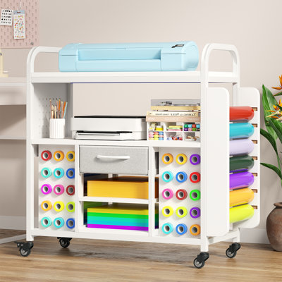 Craft Organization And Storage Vinyl Cart, Cart For Large Vinyl Cutter With Roll Holder & Hook Up, Rolling Craft Organizer Workstation , Cutting Machine Stand Craft Table For Machines, Craft Room