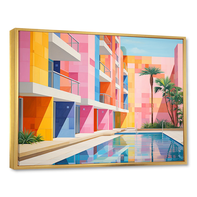 Minimalisme hôtels loge III sur toile, Cadre flottant doré, H 30 po x l 40 po