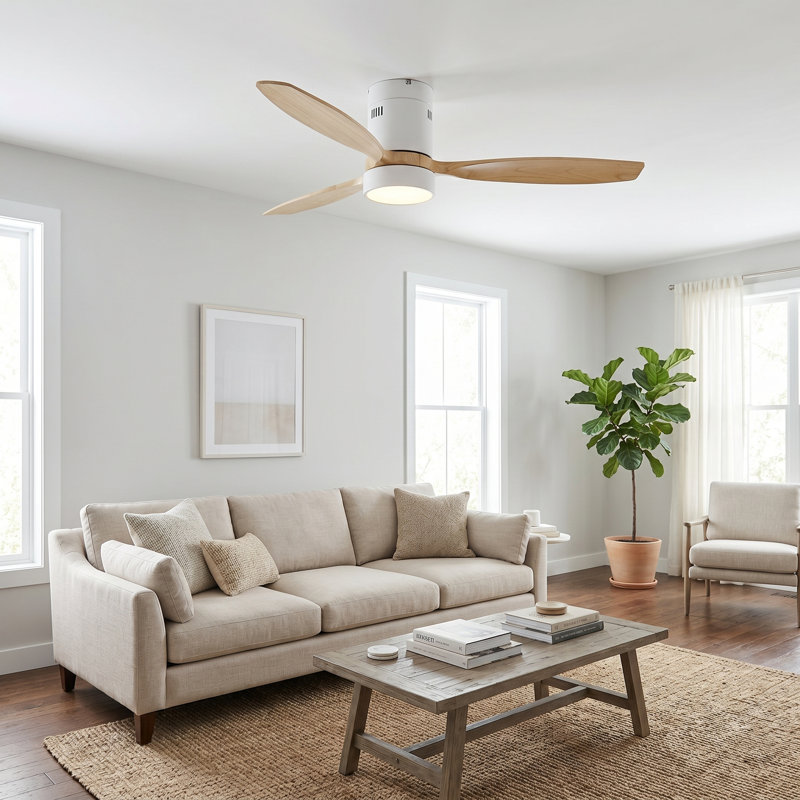  52-inch Modern Ceiling Fan with Light, 3 Solid Wood Blades, DC Motor, 6 Speeds, Flush Mount for Bedroom, Living Room, Oak