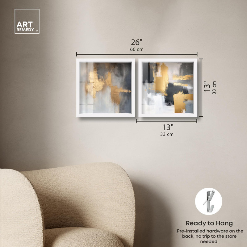 «Gilded Tranquil Abstract Art», ensemble de 2 panneaux par Shadowbox , H 13 po x l 13 po, Blanc