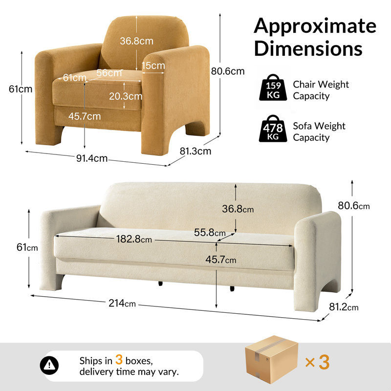 Werts 2-Piece Living Room Set with Sofa And Armchairs, Ivory Camel