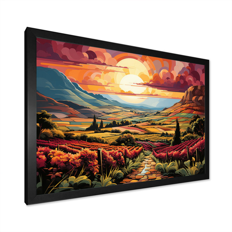 «Vineyard Sunset Rows Of Ruby Landscape II», reproduction sur toile, Cadre photo noir simple, H 16 po x l 32 po x P 1 po