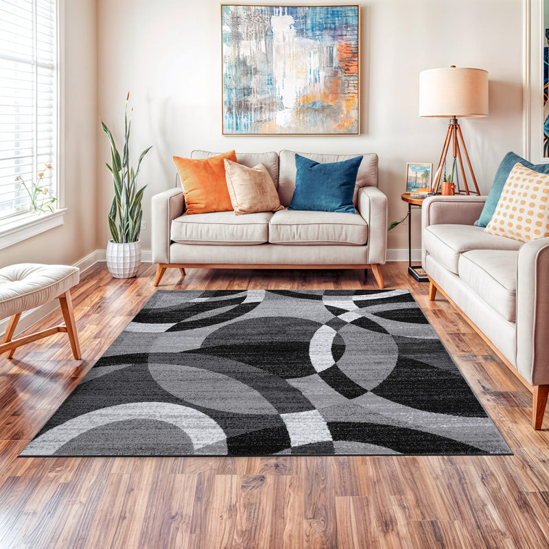 Tapis gris / noir / ivoire à motif géométrique tissé Mehul, Carré 6 pi 6 po