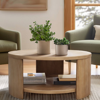 Table basse avec rangement à tablette, forme ronde, bois naturel, tablette en bois de 36 po x 18 po, style simple, placage