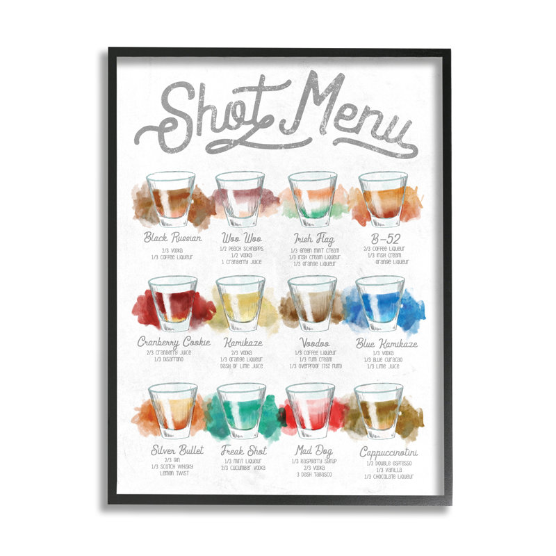 Cocktail Shot menu Kitchen Drink Recipes - impression d'art graphique, H 14 po x l 11 po, Giclée encadrée noir minuit