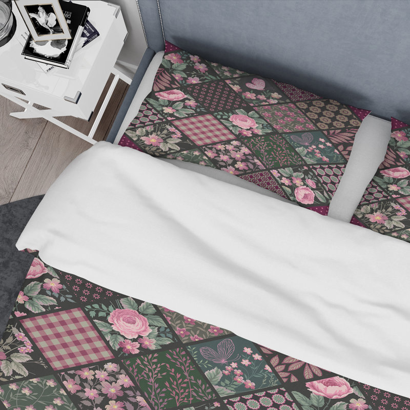 Motif de patchwork rose - ensemble de housse de couette abstrait - polyester microfibre