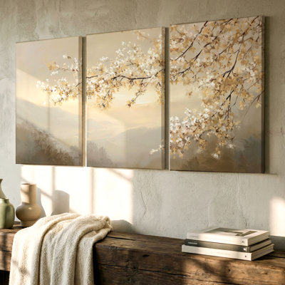 3 Pieces Cherry Blossom Landscape Large Wall Art in Neutral Tones, Three Pieces Wall Art for Living Room, Bedroom, Office, and Home Decor, Framed Look