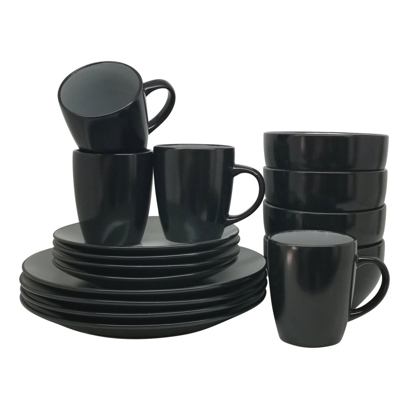 16 Piece Dinnerware Set, Service for 4, Black/Gray